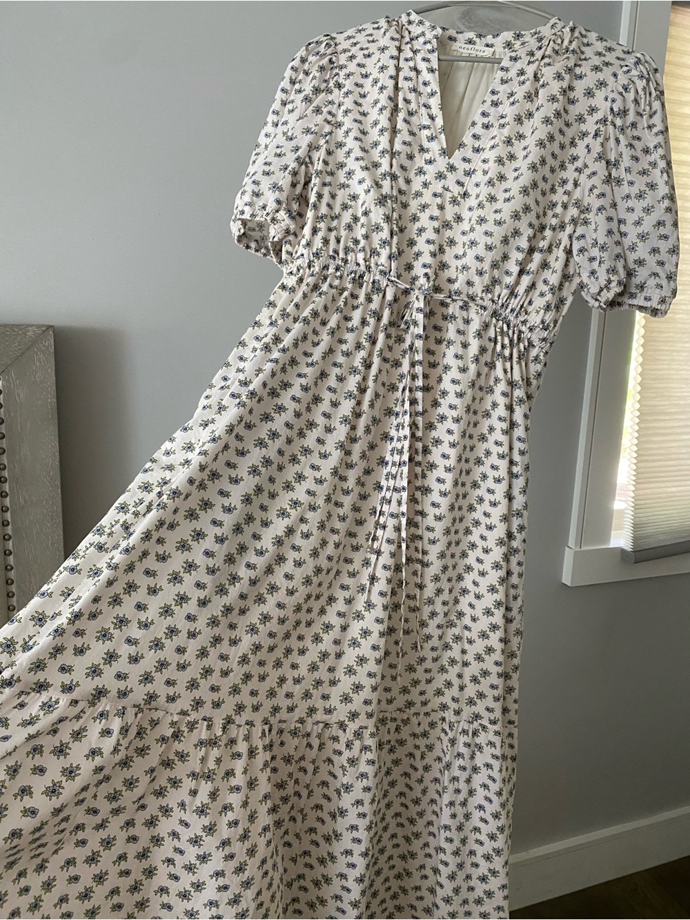 Cream Midi Dress with Blue Floral Print and Tie Waist